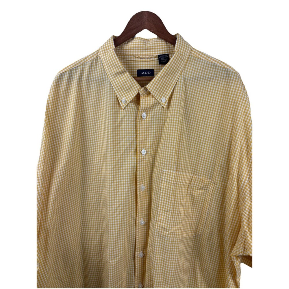 IZOD Button Down Shirt Mens 4XLT Yellow White Plaid Short Sleeve Cotton Blend